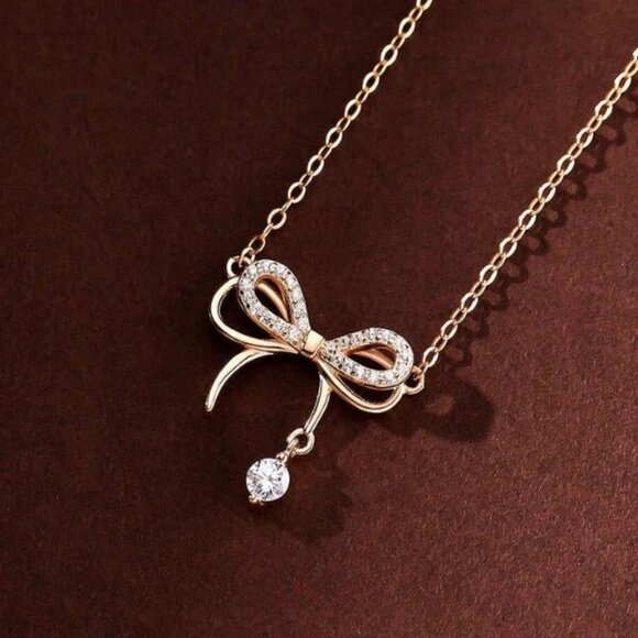 Double Layer 925 Sterling Silver Zircon Bow Pendant Necklace Charms - Picture 6 of 6